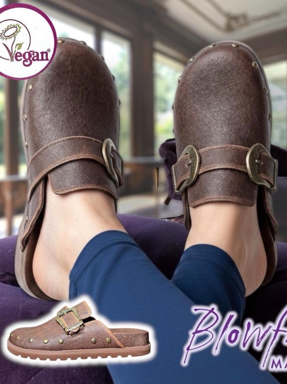 Blowfish Brown Leather Studded Buckle Clogs